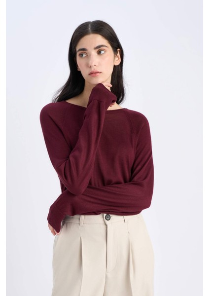 Regular Fit Bisiklet Yaka Basic Düz Bordo Triko Kazak D6281AX25SP