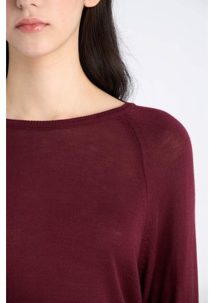 Regular Fit Bisiklet Yaka Basic Düz Bordo Triko Kazak D6281AX25SP