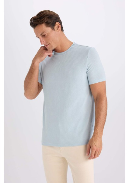 Slim Fit Dar Kesim Bisiklet Yaka Krinkıl Kısa Kollu Tişört D7225AX25SP