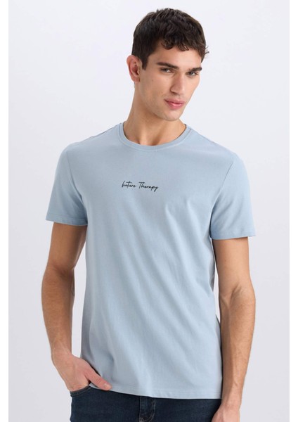 %100 Pamuk Slim Fit Dar Kesim Bisiklet Yaka Baskılı Kısa Kollu Tişört X3932AZ25SM