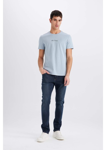 %100 Pamuk Slim Fit Dar Kesim Bisiklet Yaka Baskılı Kısa Kollu Tişört X3932AZ25SM
