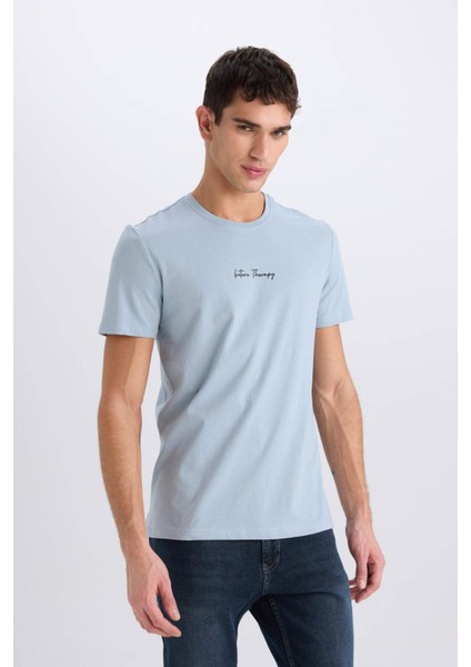 %100 Pamuk Slim Fit Dar Kesim Bisiklet Yaka Baskılı Kısa Kollu Tişört X3932AZ25SM
