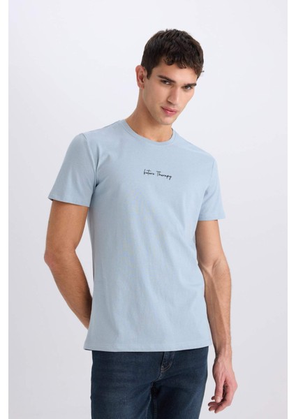 %100 Pamuk Slim Fit Dar Kesim Bisiklet Yaka Baskılı Kısa Kollu Tişört X3932AZ25SM