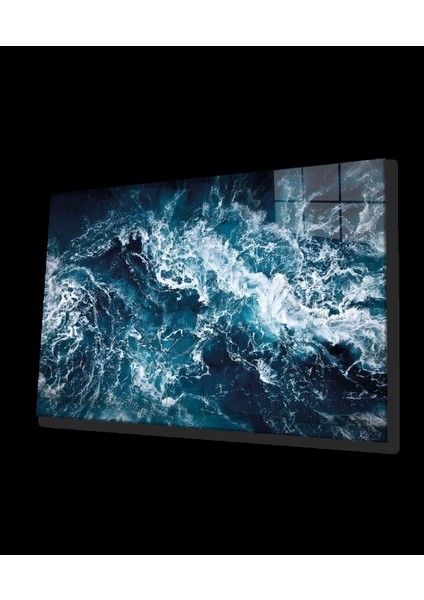 - Mavi Deniz Dalgası Soyut Cam Tablo Ev ve Ofis Duvar Dekoru