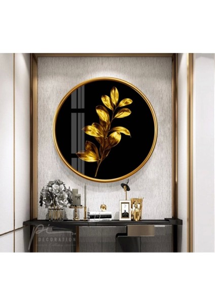 Gold Yapraklar Yuvarlak Cam Tablo