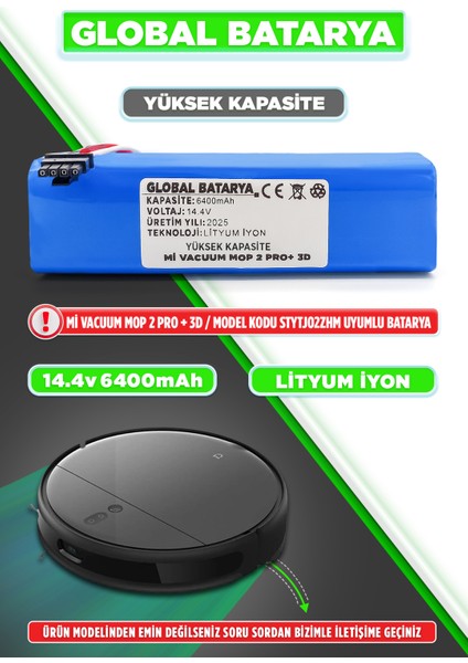 Xiaomi Mi Vacuum Mop 2 Pro Plus 3D Uyumlu Akıllı Robot Süpürge Batarya 14.4V 6400MAH Li-Ion Pil (Yüksek Kapasite))