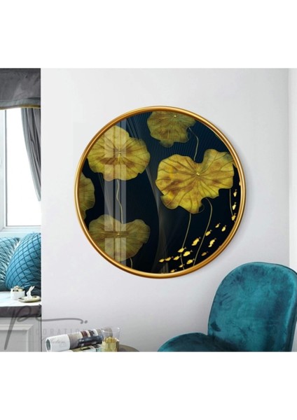 Gold Yapraklar Yuvarlak Cam Tablo