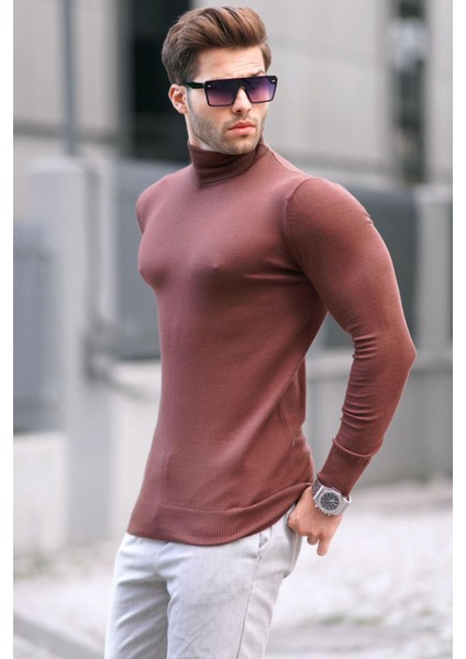 Kahverengi Balıkçı Yaka Erkek Triko Kazak 6809