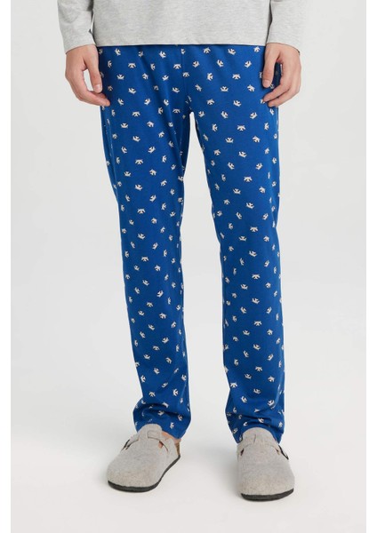 Pijama Takımı Bisiklet Yaka Uzun Kollu Basic Düz Üst Desenli Beli Lastikli Alt D0944AX24WN