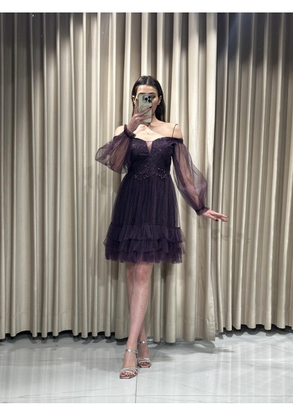 Askılı Kısa Beli Kemerli Tül Kollu abiye AN38770 38770 modelleri
