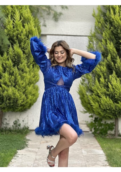 Uzun Kol Pul Payetli Oltrişli Mini Abiye Elbise 5252