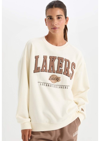 DeFacto Fit NBA Los Angeles Lakers Oversize Geniş Kalıp Bisiklet Yaka Kalın Sweatshirt A9550AX24AU