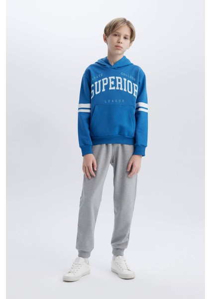 Erkek Çocuk 2'li Takım Kalın Kapüşonlu Baskılı Sweatshirt Beli Lastikli Eşofman Altı D3565A824WN