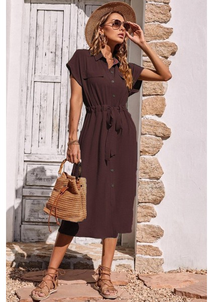 Bordo Gömlek Yaka Uzun Elbise MG1743