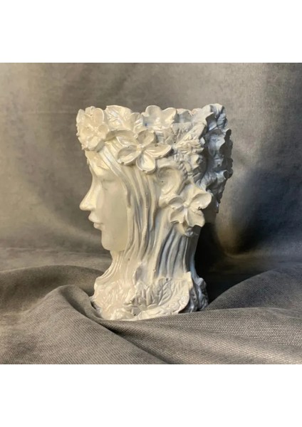 El Yapımı Çiçekli Tanrıça Yüz Polyester Saksı / Biblo - 10 x 14 cm