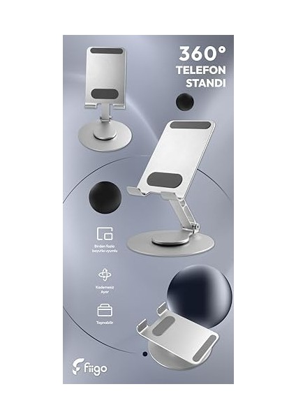 Telefon Standı Katlanabilir Çok Fonksiyonlu 360 Derece Dönebilen Metal Silver