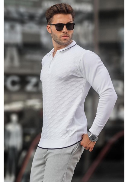 Beyaz Fermuarlı Erkek Triko Kazak 6824