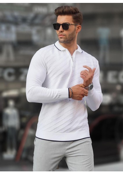 Beyaz Fermuarlı Erkek Triko Kazak 6824 fiyatları