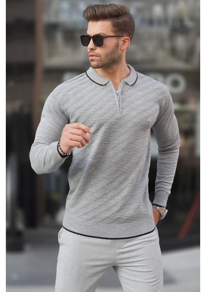 Gri Fermuarlı Erkek Triko Kazak 6824