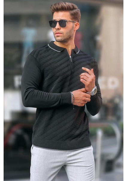 Siyah Fermuarlı Erkek Triko Kazak 6824