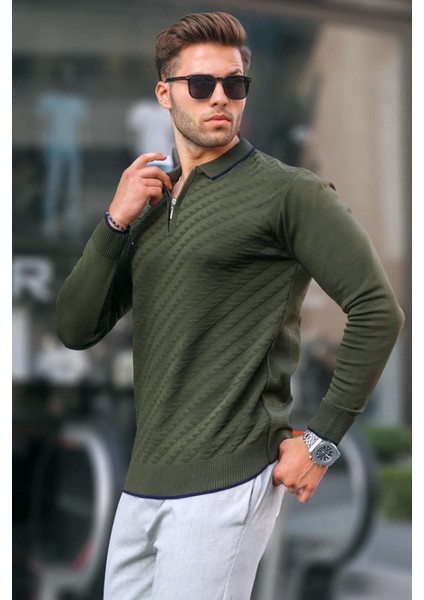 Haki Fermuarlı Erkek Triko Kazak 6824