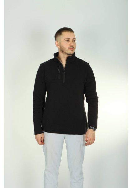 3 Ip Cepli Yarım Fermuar Sweat Siyah