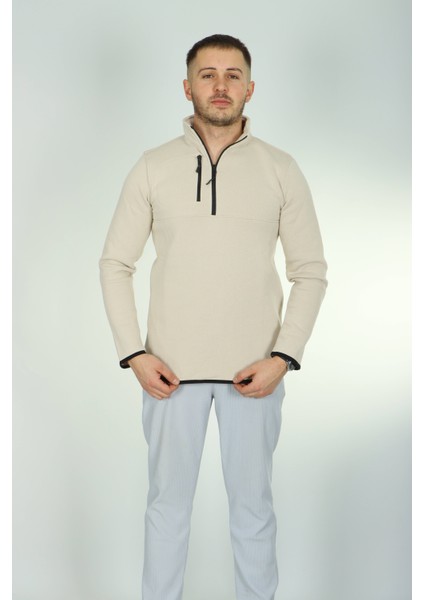 3 Ip Cepli Yarım Fermuar Sweat Krem