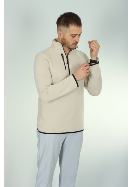 3 Ip Cepli Yarım Fermuar Sweat Krem modelleri