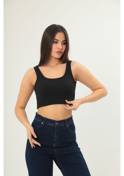 Fitilli Görünümlü Askılı Kalın Esnek Örme Basıc Crop