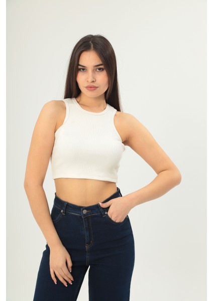 Fitilli Görünümlü Askılı Kalın Esnek Örme Basıc Crop