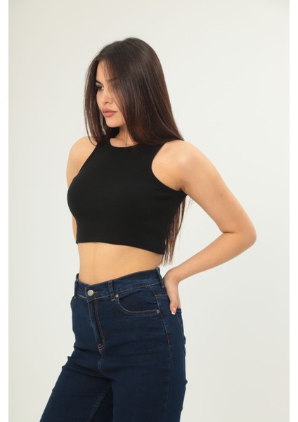 Fitilli Görünümlü Askılı Kalın Esnek Örme Basıc Crop