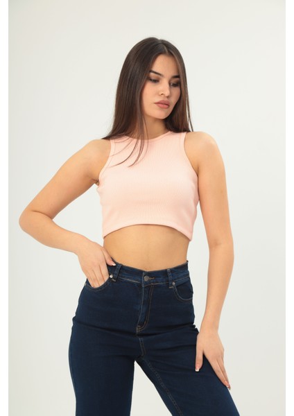 Fitilli Görünümlü Askılı Kalın Esnek Örme Basıc Crop