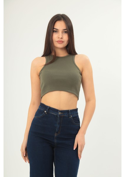 Fitilli Görünümlü Askılı Kalın Esnek Örme Basıc Crop