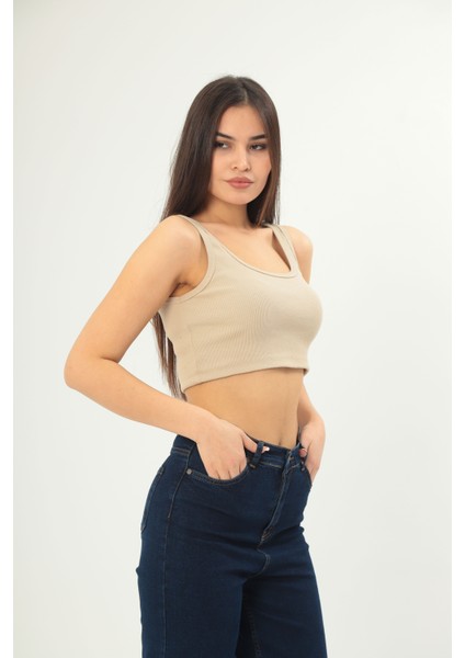 Fitilli Görünümlü Askılı Kalın Esnek Örme Basıc Crop