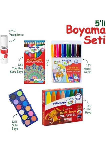 Pensan 5 Li Boyama Seti - (12'li Kuruboya, 12'li Suluboya, 12'li Keçeli , 8'li Pastel ) fiyatları