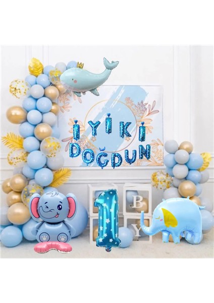 Fil Yunus Balığı Figürlü Balon Iyiki Doğdun Yazılı Konsept Doğum Günü Parti Seti Süsü