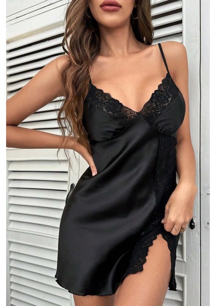 Dantelli Şık Yırtmaçlı Saten Gecelik modelleri