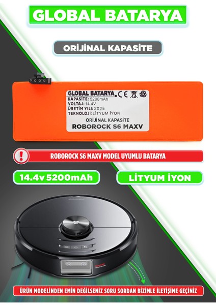 Roborock S6 Maxv Uyumlu Akıllı Robot Süpürge Bataryası 14.4V 5200MAH Li-Ion Pil (Orijinal Kapasite)