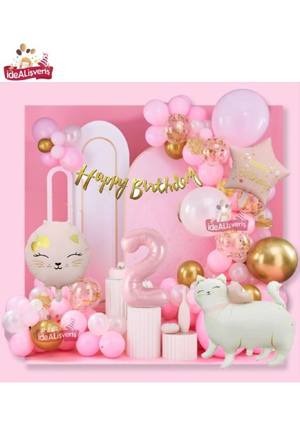 Yıldız ve Kedi Folyo Pembe Yaş Folyo Balonlu Iyi Ki Doğdun Yazılı Pembe Gold Doğum Günü Parti Seti
