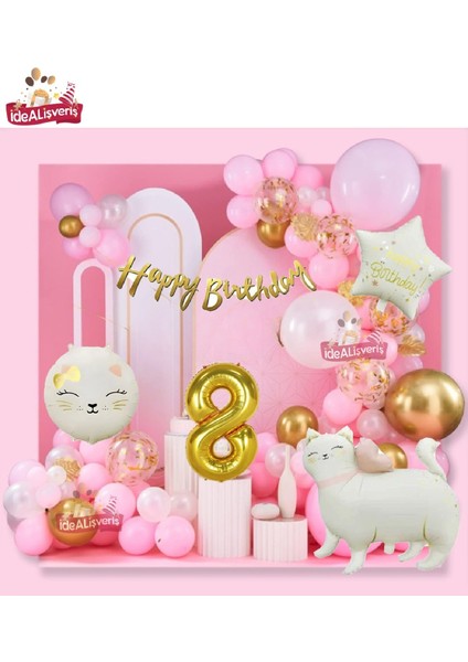 Yıldız ve Kedi Folyo Gold Yaş Folyolu Balonlu Iyi Ki Doğdun Yazılı Pembe Gold Doğum Günü Parti Seti
