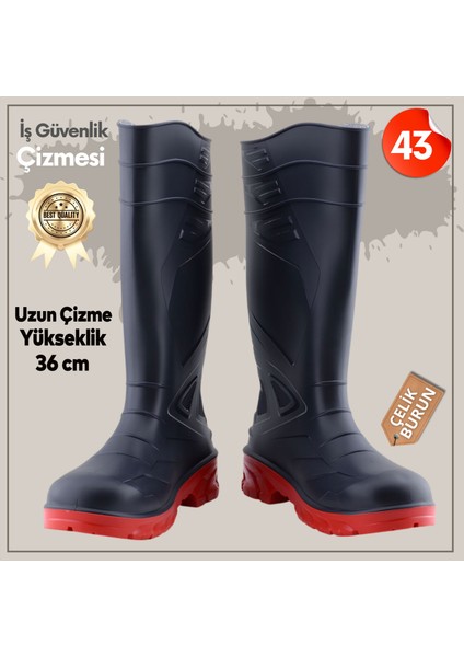 Uzun Çizme Iş Güvenlik Çizmesi Numara 43 Inşaat Tarım Bahçe Kimya Petrol Çiftilik Gaz 36 cm