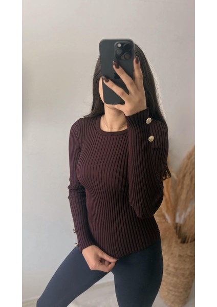 Livia Kolu Gold Düğmeli Basic Triko Mürdüm