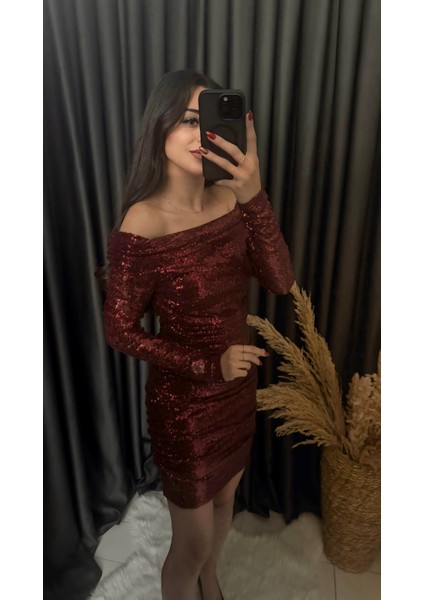 Christmas Marka Model Madonna Yaka Mini Payetli Elbise Bordo