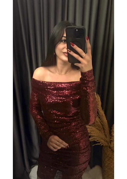 Christmas Marka Model Madonna Yaka Mini Payetli Elbise Bordo fiyatları