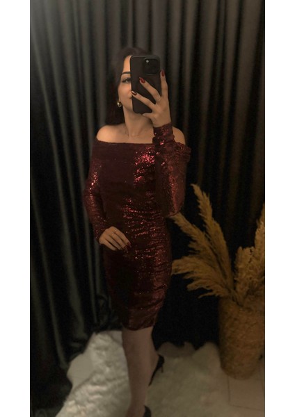 Christmas Marka Model Madonna Yaka Mini Payetli Elbise Bordo modelleri