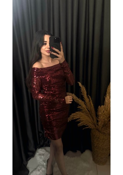 Christmas Marka Model Madonna Yaka Mini Payetli Elbise Bordo fırsatları