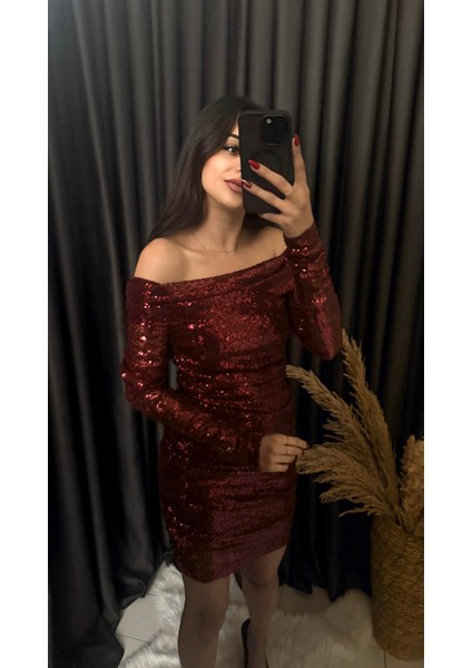 Christmas Marka Model Madonna Yaka Mini Payetli Elbise Bordo indirimleri
