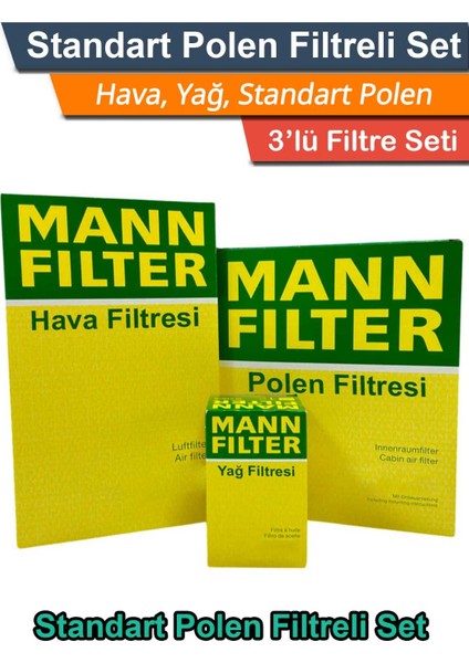 Mann Fılter Citroen C3 1.4 Vtı 95HP Benzinli Mann Filtre Bakım Seti 2010-2013 Hava+Yağ+Standart Polen