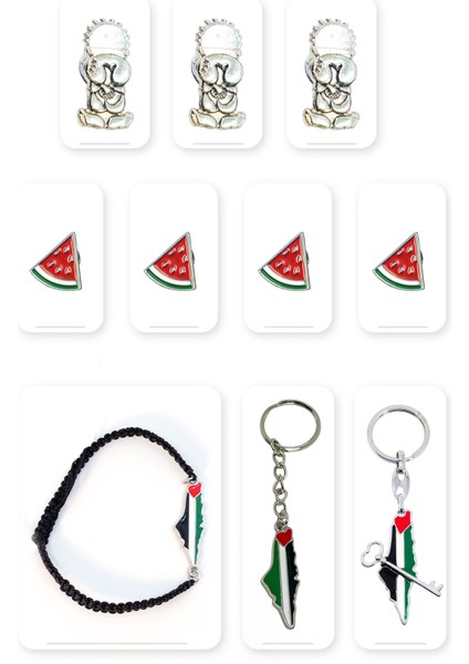 10'lu Filistin Aksesuar Seti Yaka Rozetleri + Anahtarlıkları ve El Bilekliği A300039