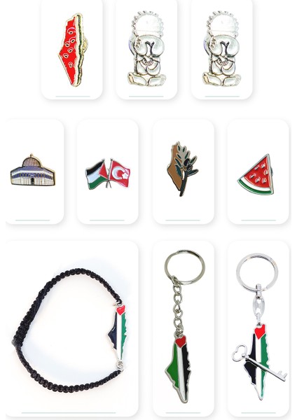 10'lu Filistin Aksesuar Seti Yaka Rozetleri + Anahtarlıkleri ve El Bilekliği A300035